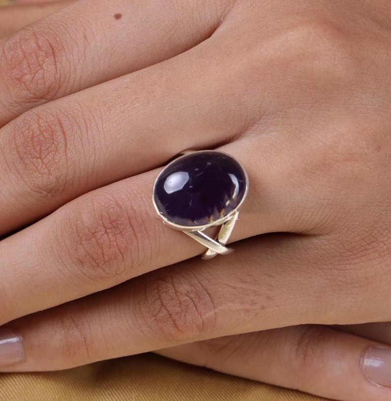 Solid 925 Sterling Silver Natural Amethyst Oval Gemstone Statement Handmade Ring