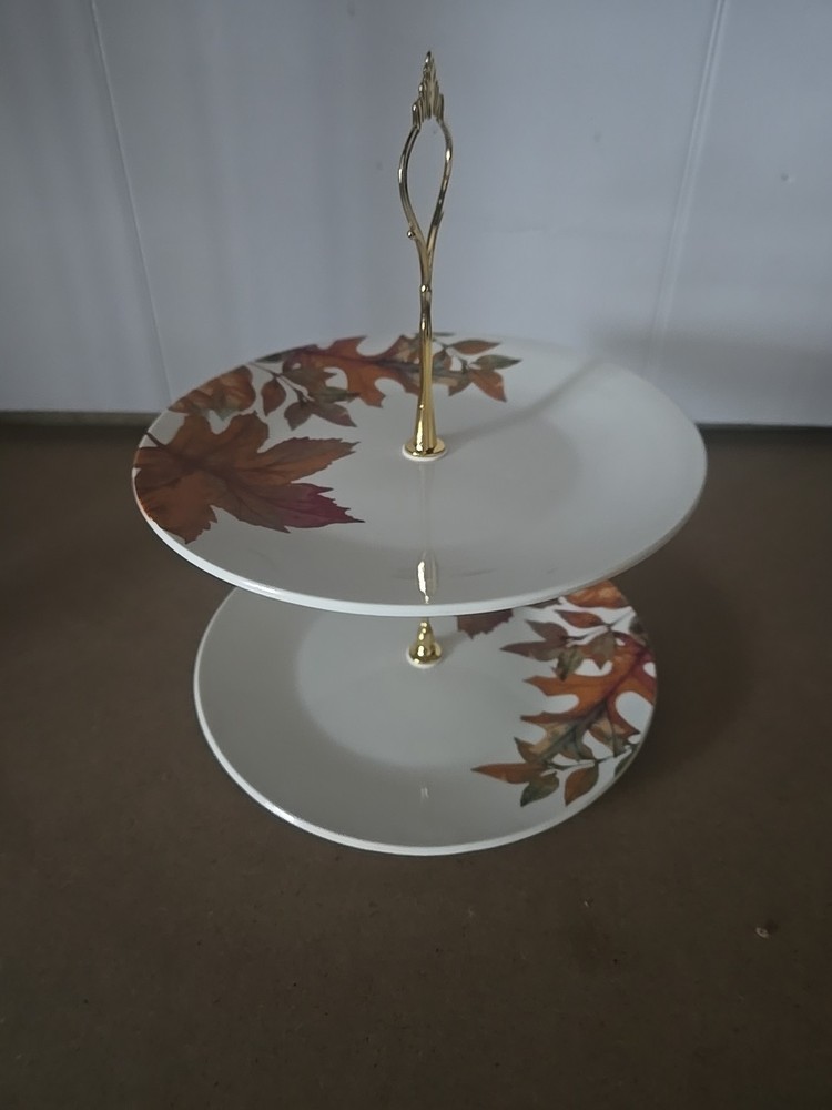 Royal Norfolk 2‑Tier Ceramic Cake Stand – Fall Leaf Pattern, Disassembles