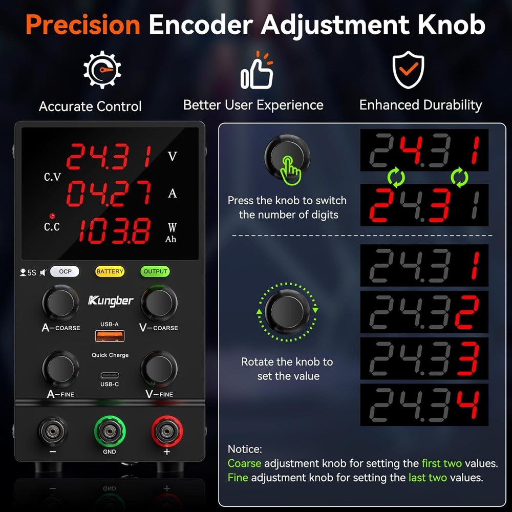 Lab DC Power Supply 60V 5A Adjustable Precision Encoder USB Charging Mode