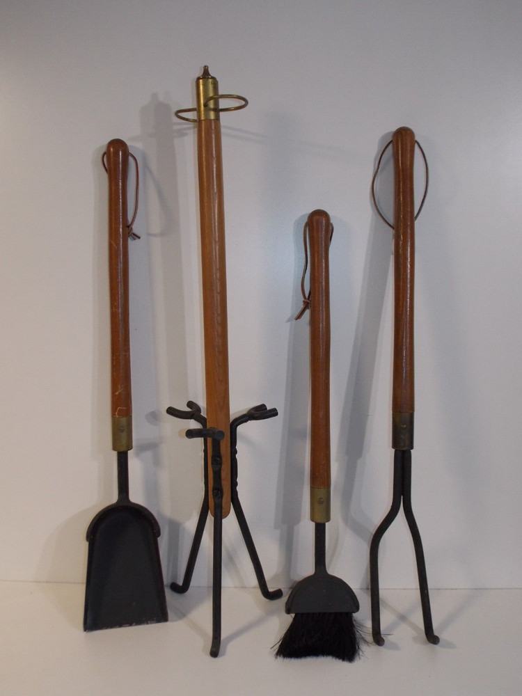 Vtg 1950's Fireplace Tools Mid Century Modern Long Walnut Handle Stand Iron Wood