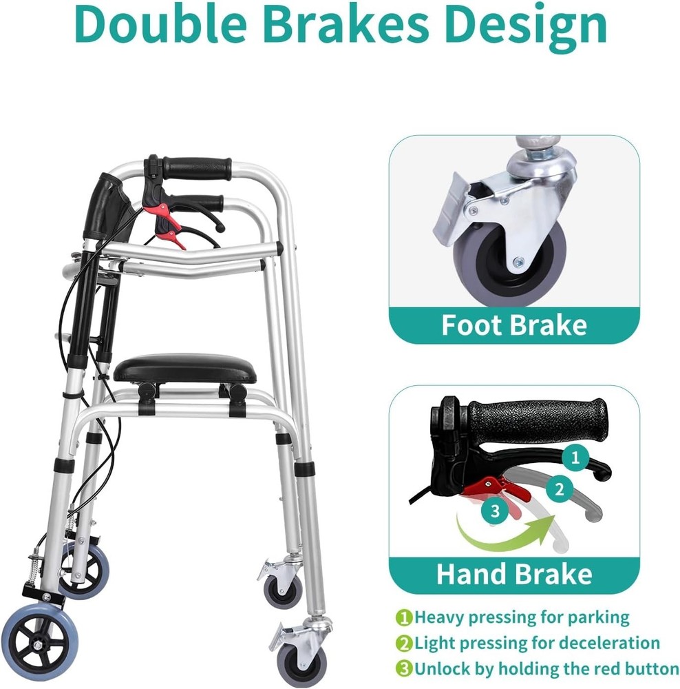 2-Button Folding Walker Height Adjustable Walking Aid with Seat 4 Wheels Brakes