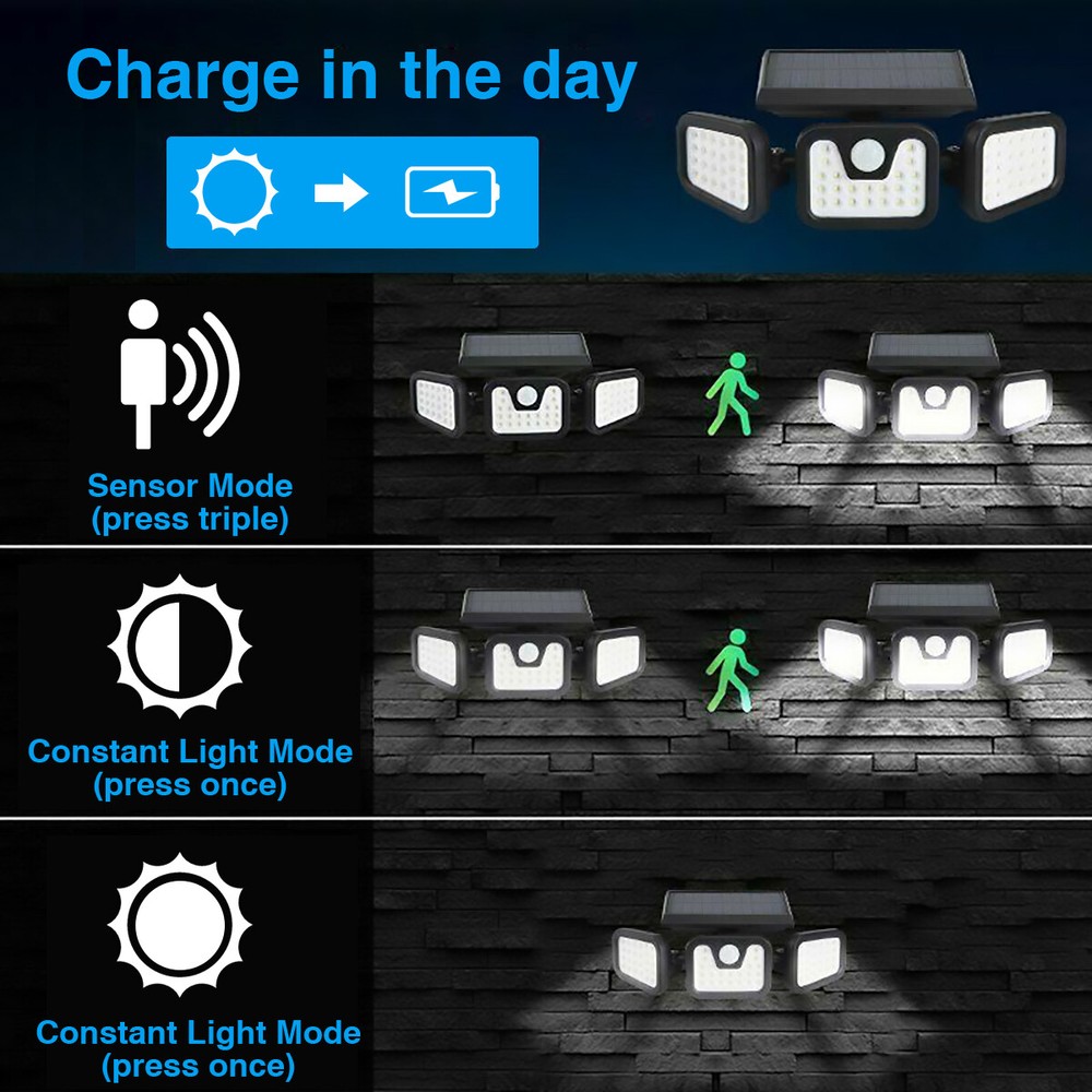 Solar Lamp Security Lights Motion Sensor 3 Head 6000LM Adjustable Flood Lights