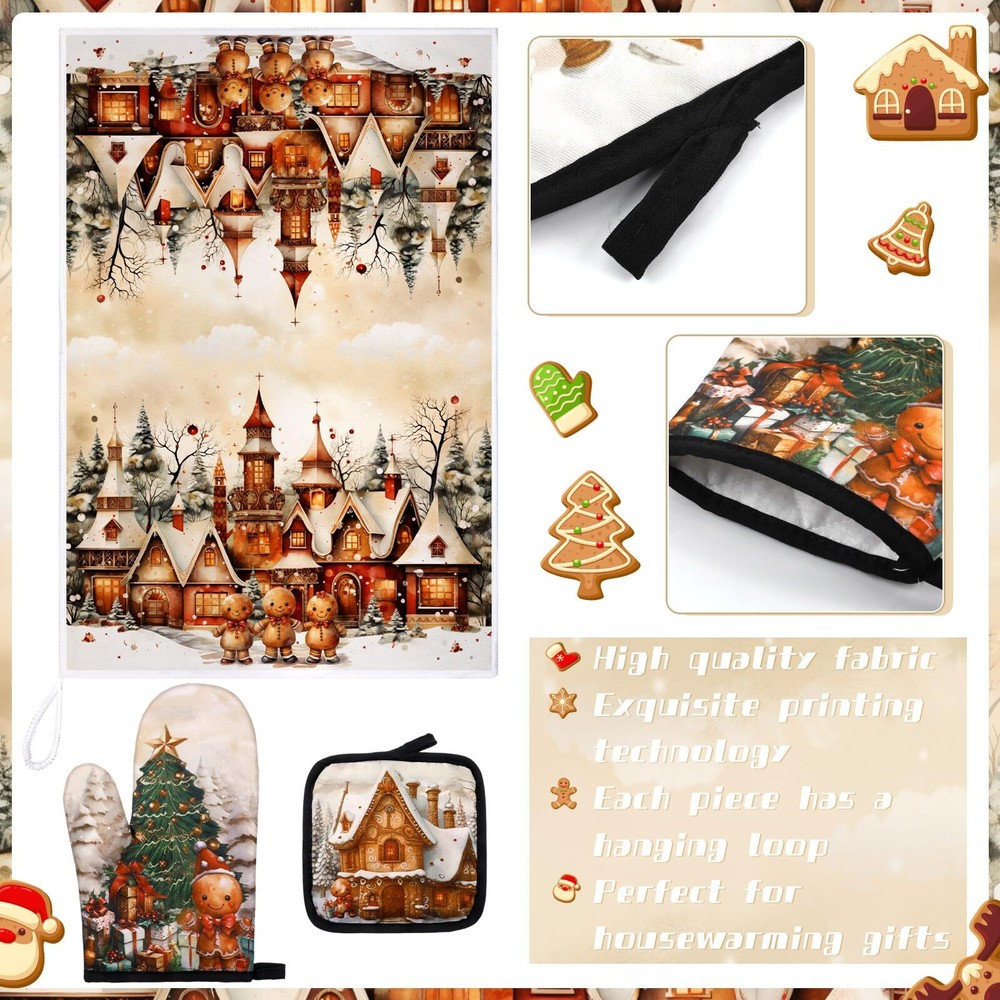 8 PCS Christmas Kitchen Towel Set Oven Mitts Potholders Gingerbread Decor