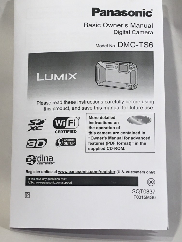 Panasonic Lumix DMC-TS6 Camera - Basic Owners Manual - 44 Pages - New & Clean