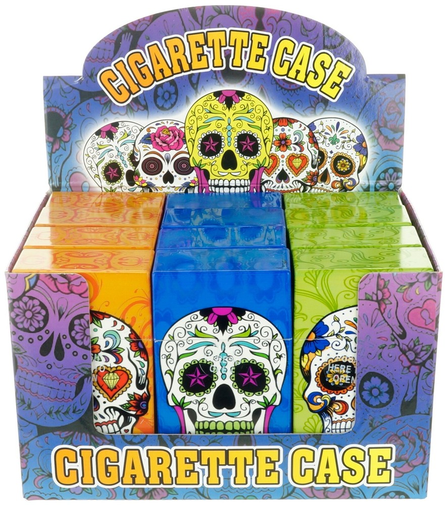 (12)  100' Size Push-to-Open Plastic Cigarette Case Candy Skull Design