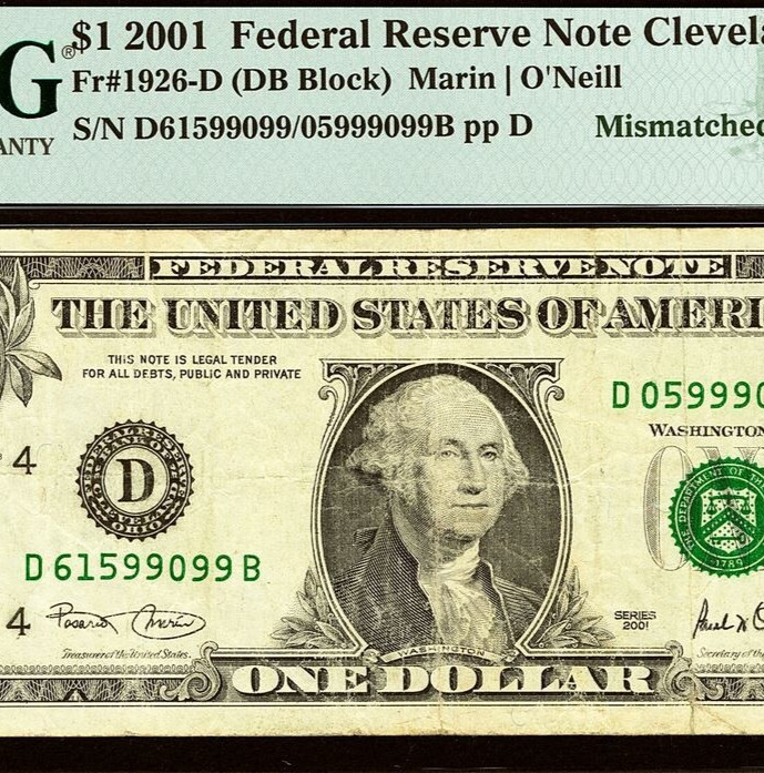 2001 $1 Federal Reserve Note PMG 25 - Error Note - Three Digit Mismatch Error