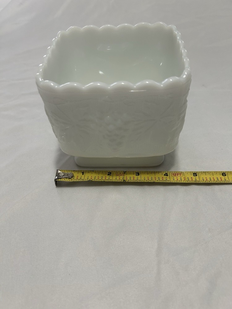 Milk Glass Square White Grape Pattern Planter Glossy Finish 4.5in