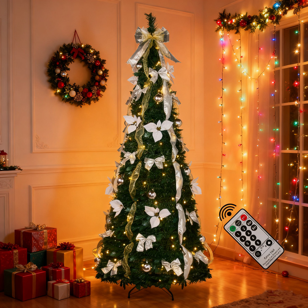 6Ft Pre-lit Pull Up Christmas Tree with Remote Fully Decorated w/ 200 LED Lights