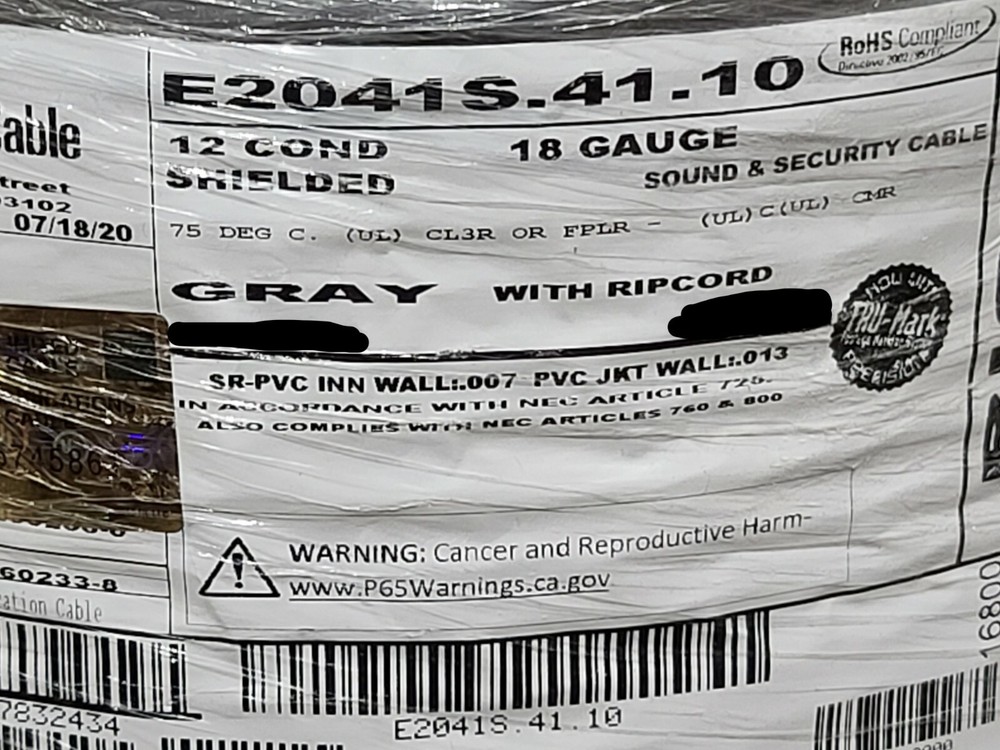 Carol E2041S 18/12C Shielded Security/Communications Cable Riser Gray /25ft