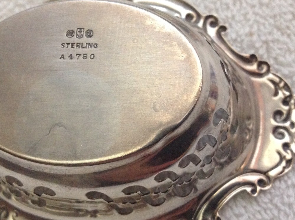 4 GORHAM STERLING SILVER PIERCED NUT BOWL DISH, ONE MONOGRAMMED