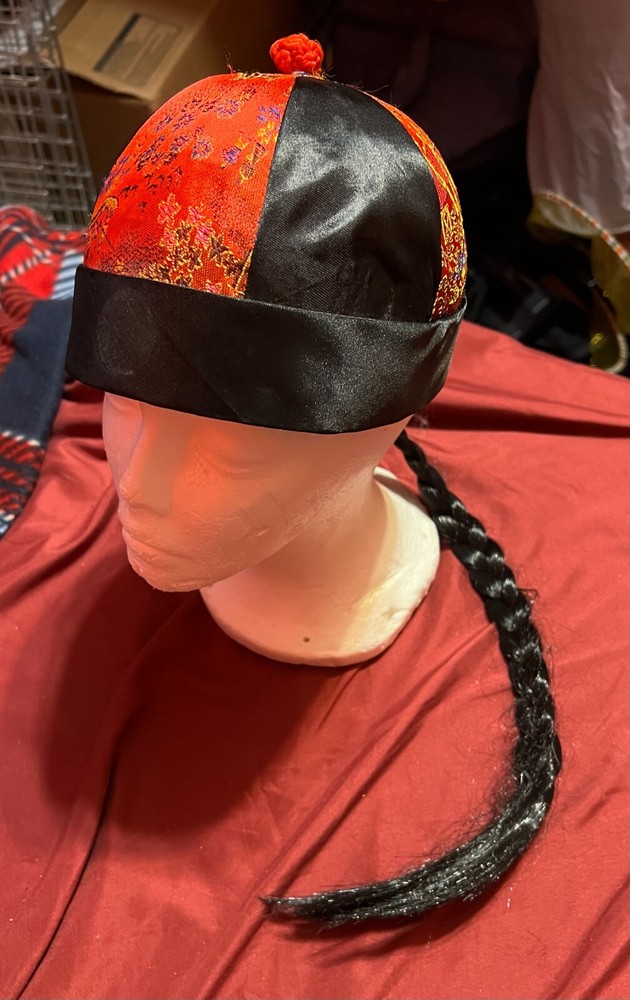 Oriental costume hat with long black braid