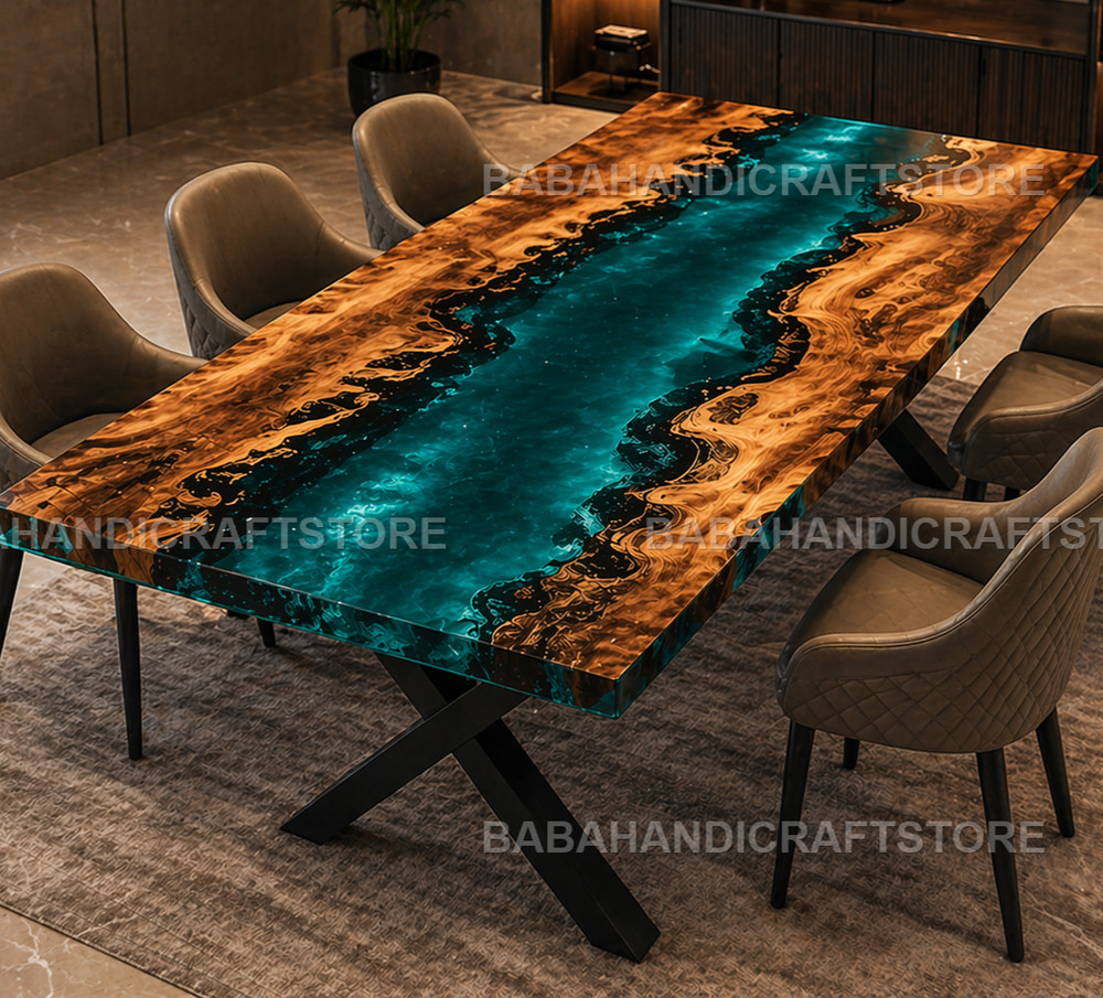 Custom Live Edge Walnut Dining Table with Teal Epoxy River Handmade Table Top