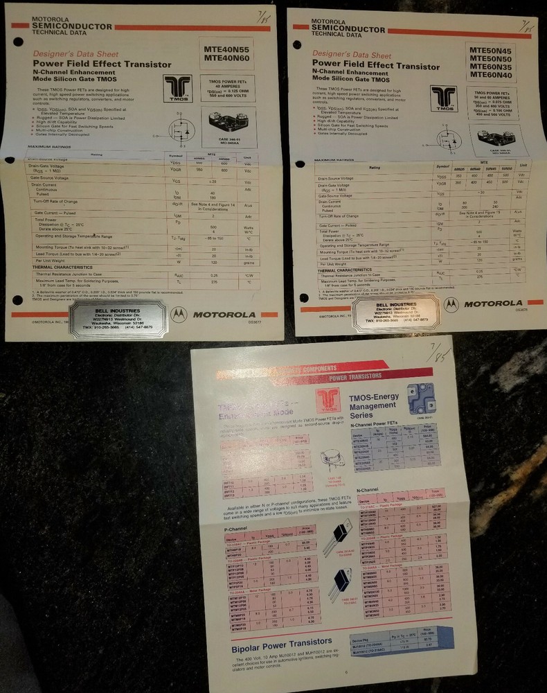 USED 1984 Motorola ITMOS Power MOSFET Transistor Data