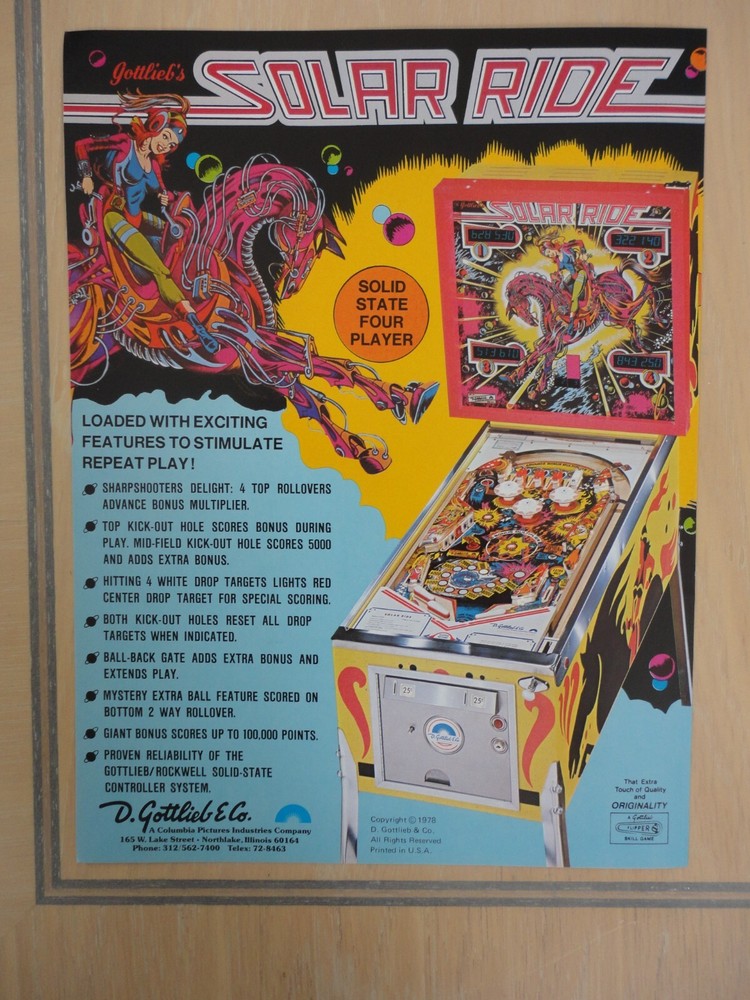 Solar Ride Pinball Machine Flyer Original Magazine Pull Out Advertisement