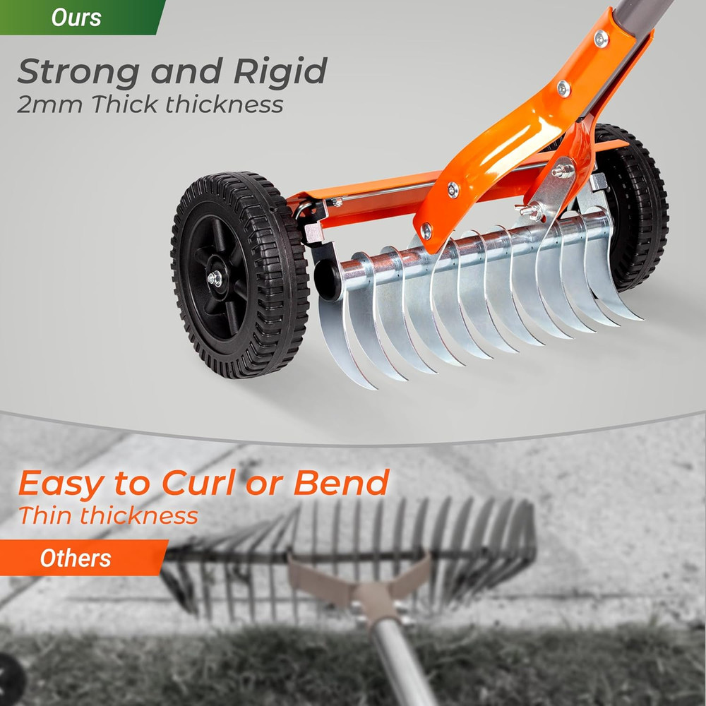 Heavy-Duty Dethatching Roller Rake with Adjustable Handle and Stainless Steel Bl