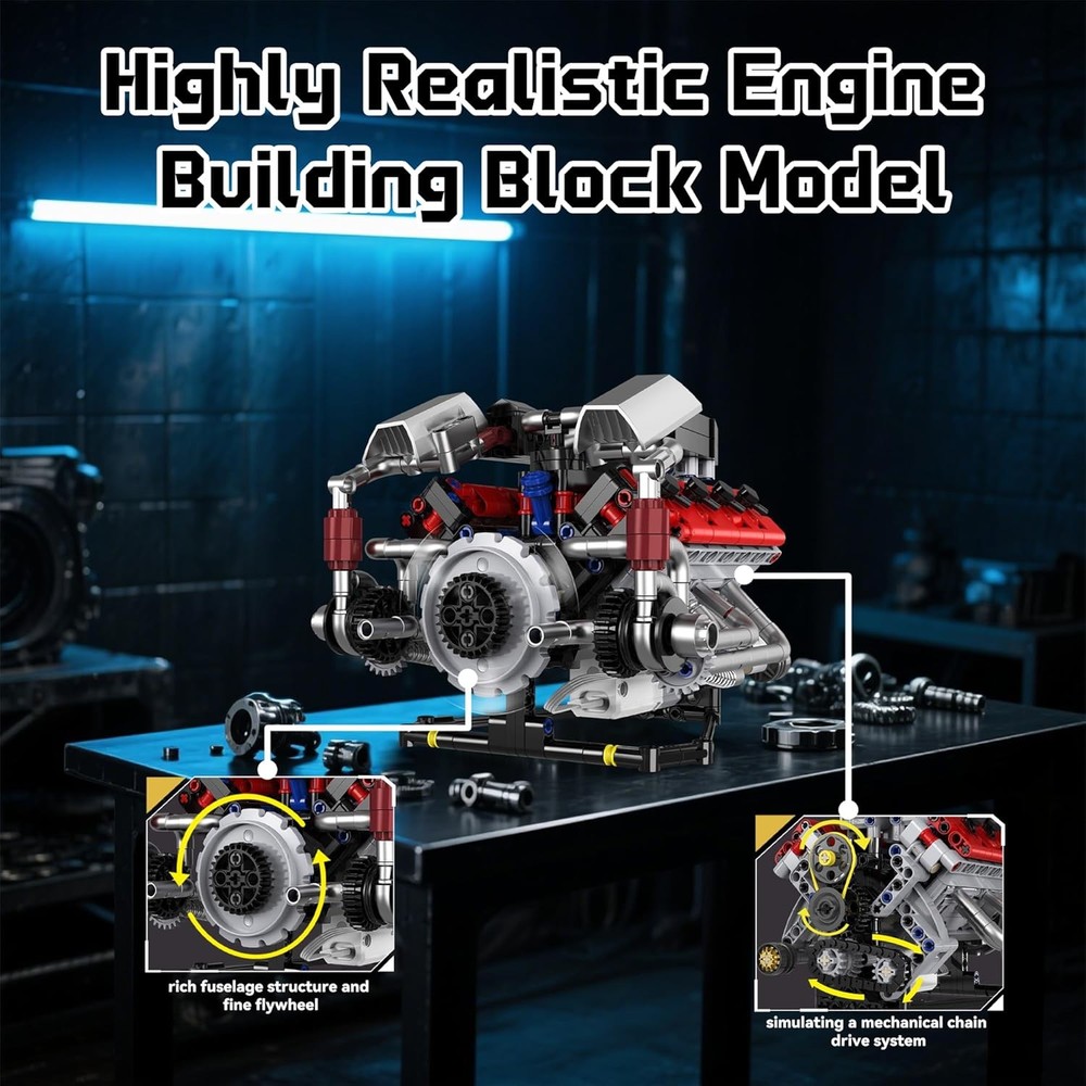 Mini V8 Engine Kits That Works Building Sets, 8-Cylinder Model Technic with Moto