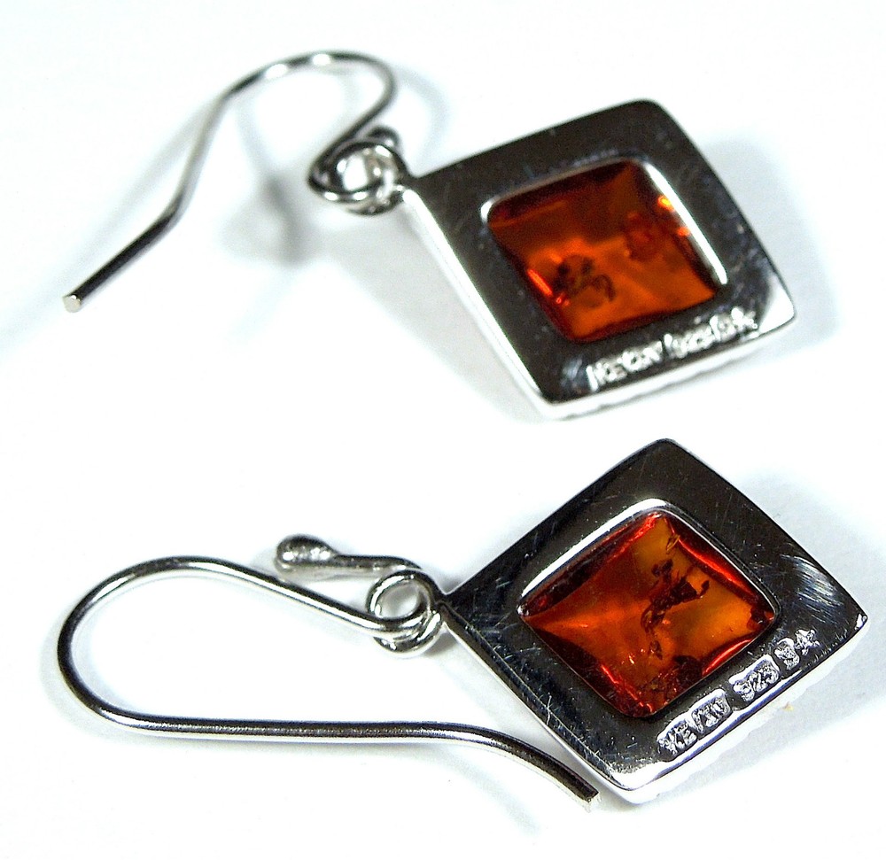Genuine Baltic Amber & White Topaz Solid 925 Sterling Silver Dangle Earrings