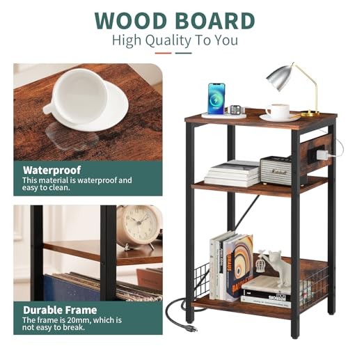 Record Player Stand, 3-Tier White Side Table with Charging Berry Brown