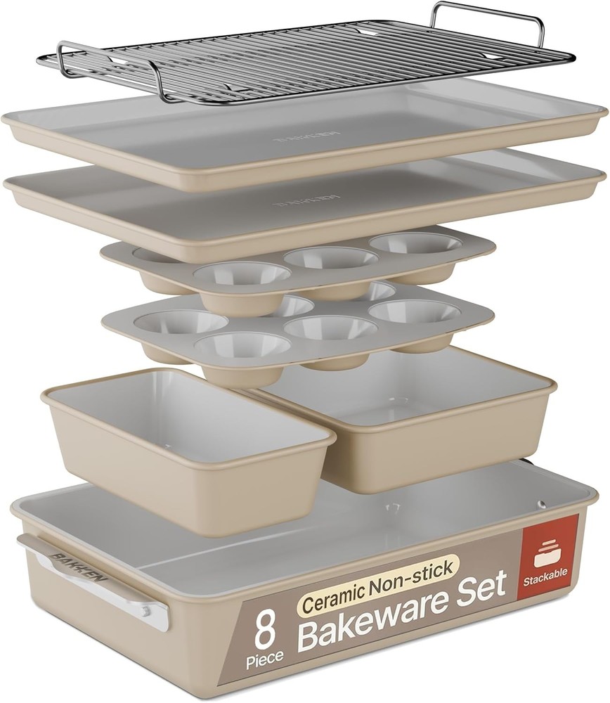 Bakken 8-Piece Stackable Bakeware Set Ceramic Non-Stick Coating Baking Sheets