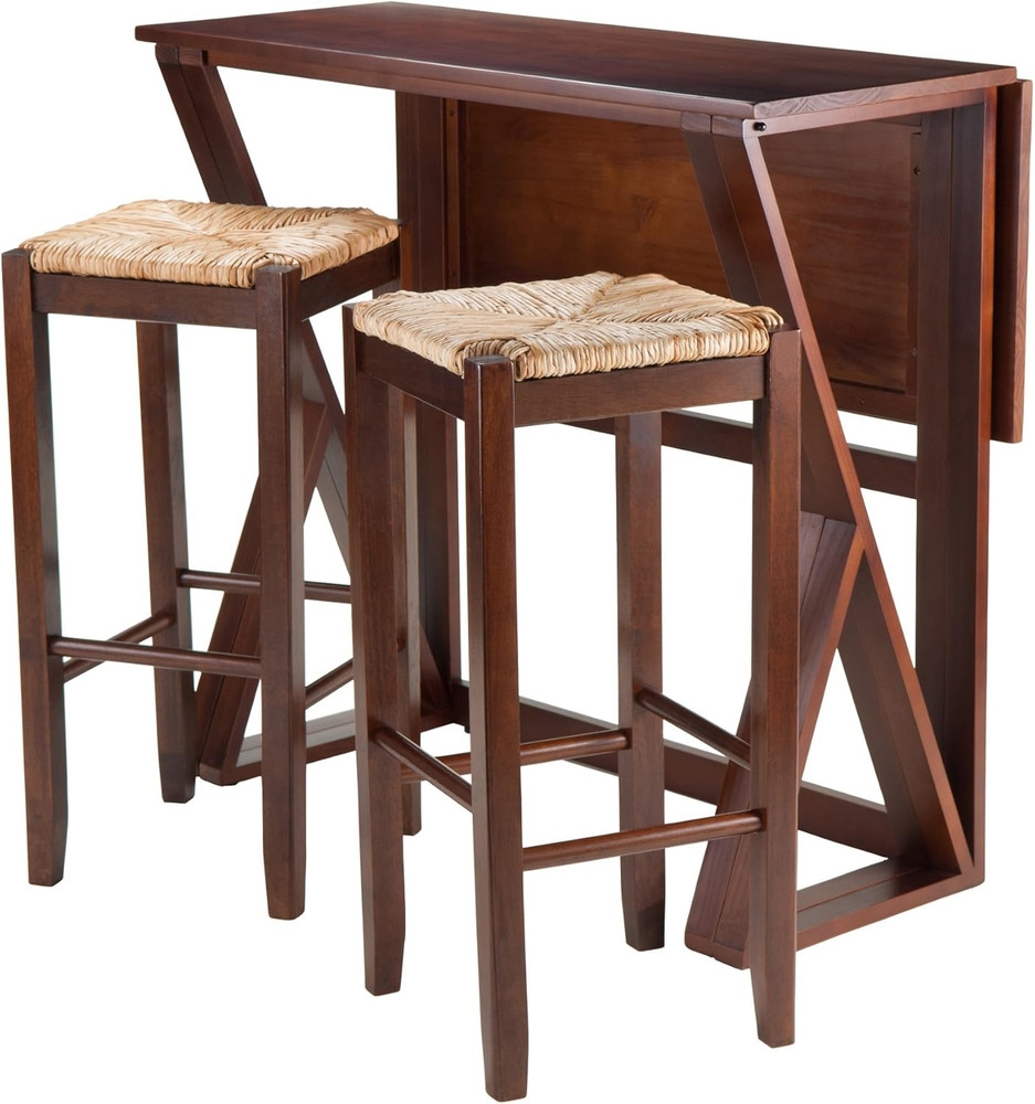 Stylish 3-Piece Drop Leaf High Table Set with 2 Rush Seat Stools, Brown