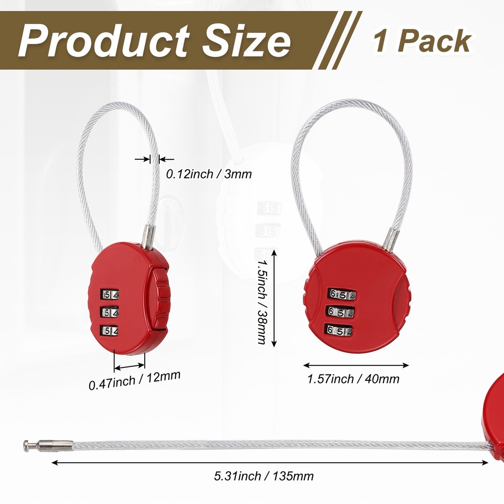 1-Pack Combination Padlock, 3 Digit Round Shaped Cable Luggage Lock [Red]