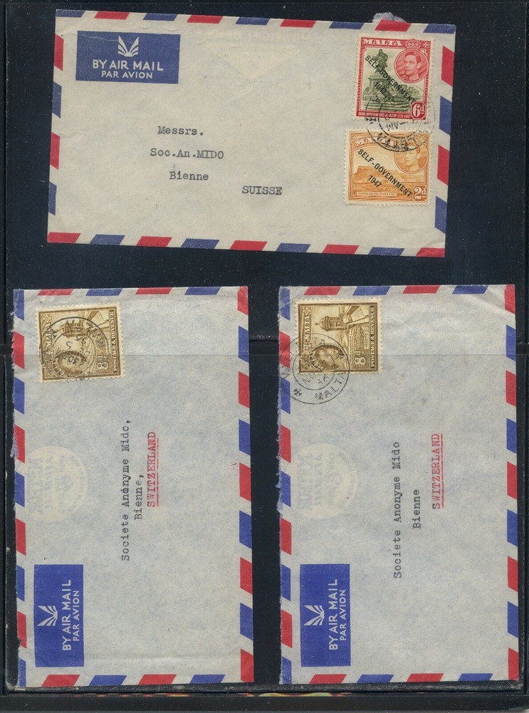 Malta  3  airmail  covers  to  Switzerland