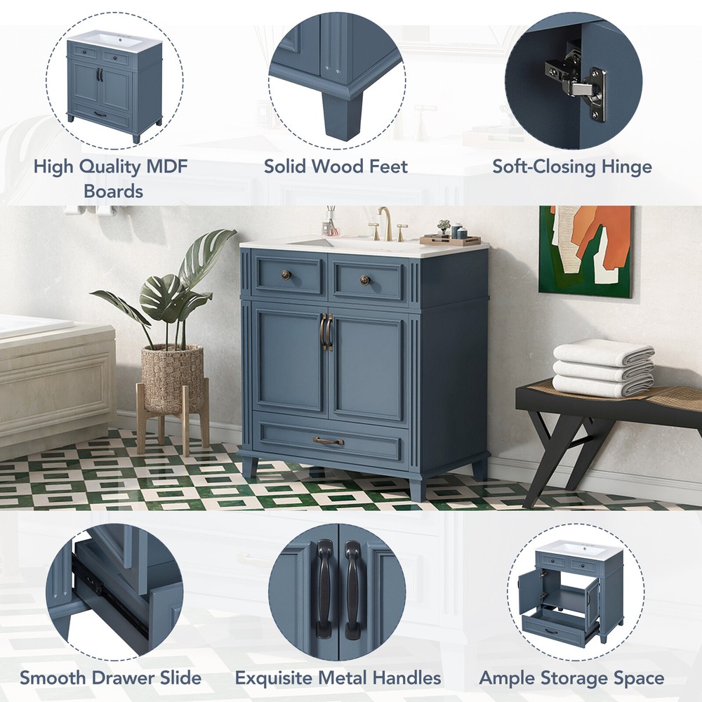 30'' Bathroom Vanity with Ceramic Sink,Solid Wood Frame Bathroom Storage Cabinet