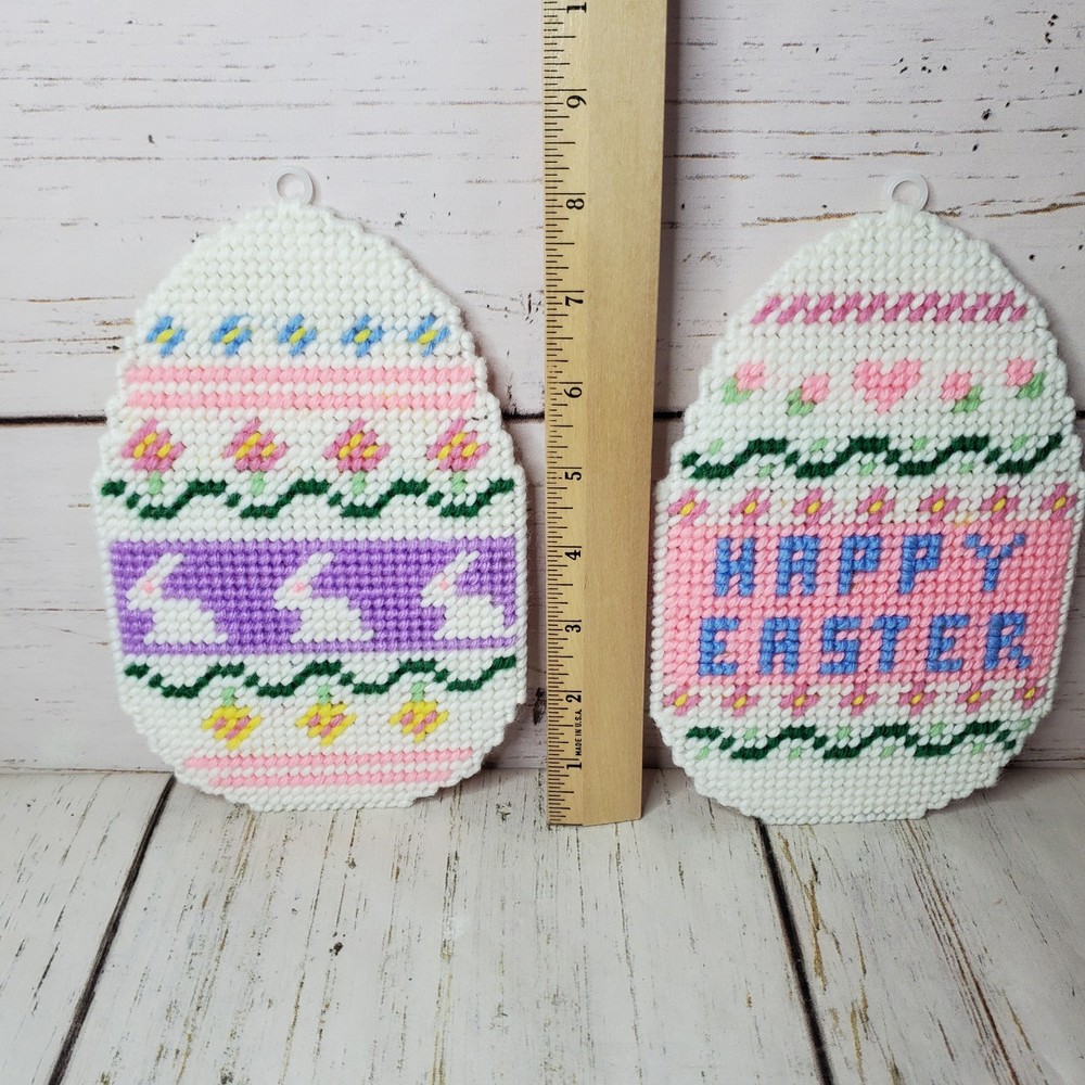 3 Vintage Finished Plastic Canvas Yellow Chick Happy Easter Egg Wall Hanging