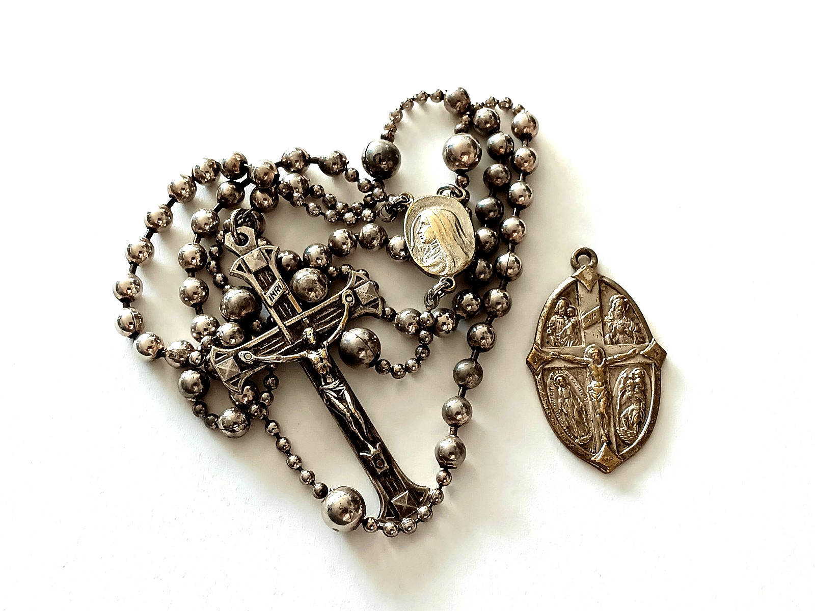 Soldier's old metal Pull Chain Rosary in Blessed Mother Mary Case with Medal ++