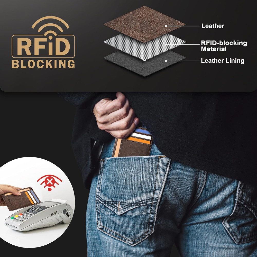 Slim Wallet Front Pocket Minimalist Leather RFID Blocking Medium Size