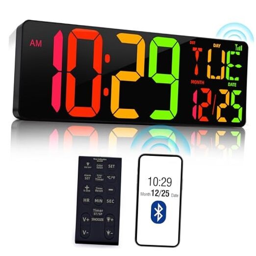Large Digital Wall Clock 17.2" Bluetooth Auto 11 Colors Bluetooth Time Sync