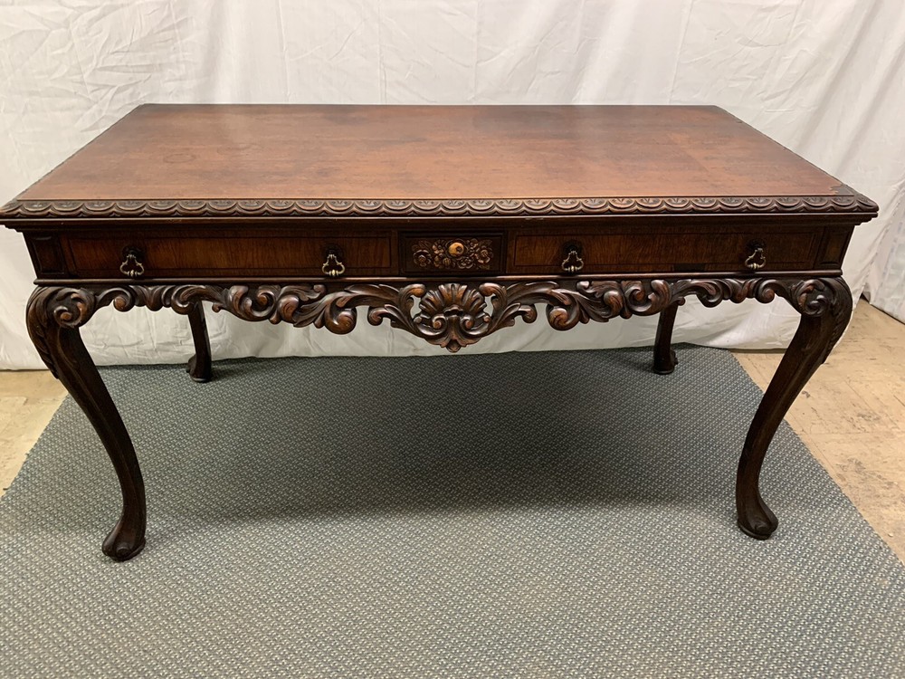 Antique Carved Ornate Mahogany Library Desk Table