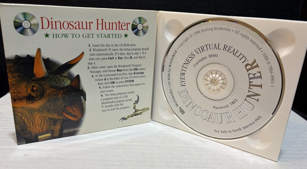 Vintage 1996 Dinosaur Hunter PC CD-ROM Eyewitness Virtual Reality Windows 95