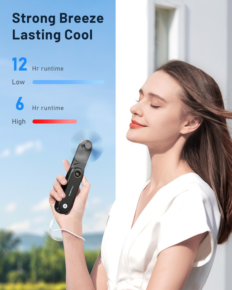 Portable Handheld Mini Fan with LED Display, 2-In-1 Personal Foldable USB Rechar