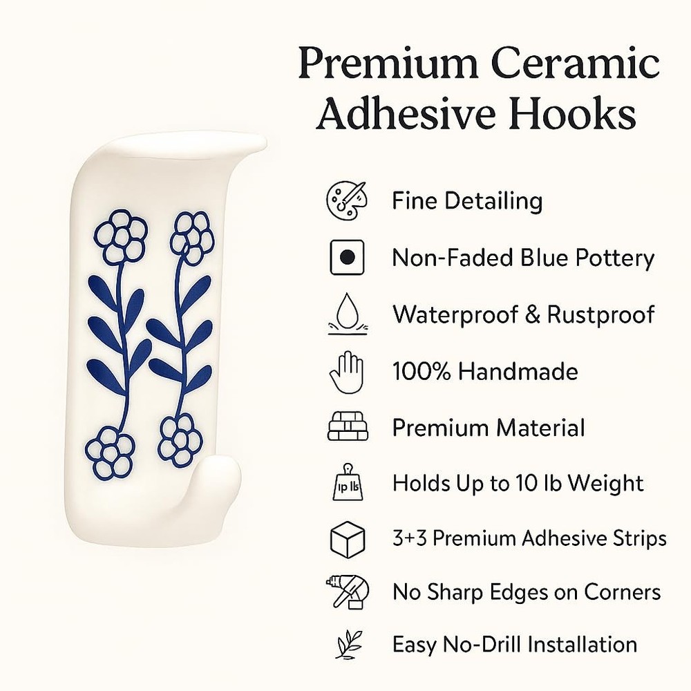 Boho Ceramic Adhesive Wall Hooks - Damage-Decorative Blue Pottery Hangers for...