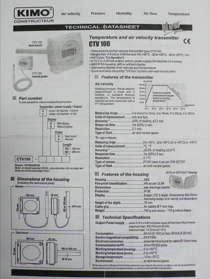Kimo CTV100-VOD300 Temperature & Air velocity transmitter