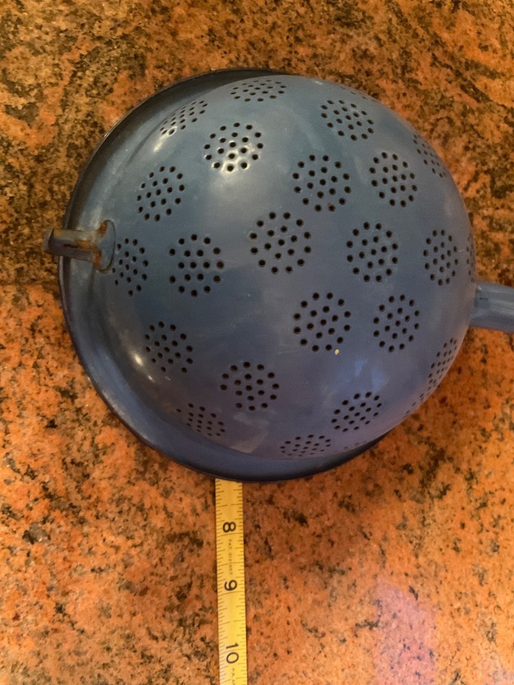 Antique Vintage Enamelware Strainer Colander White / Blue Rare Kitchen