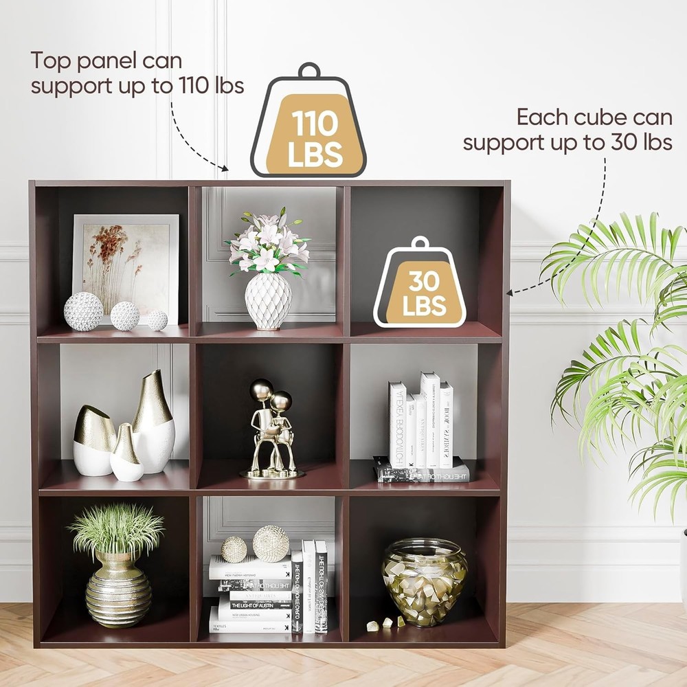 Great value 9-grid storage organizer, 3-layer open bookshelf, dark brown