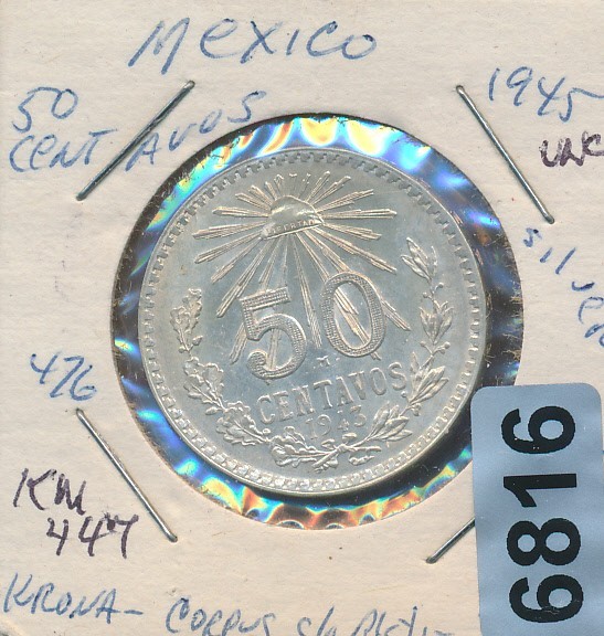 MEXICO -  CAP & RAY  -- 50 CENTAVOS 1945 - #6816