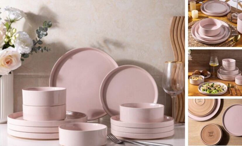 Ceramic Dinnerware Set for 4 | Speckled Stoneware Modern-Pink Service for 4