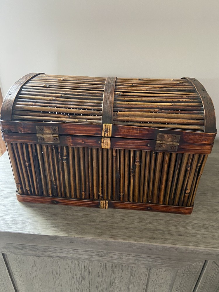 Vintage Bamboo Trunk With Brass Lock And Dome Lid