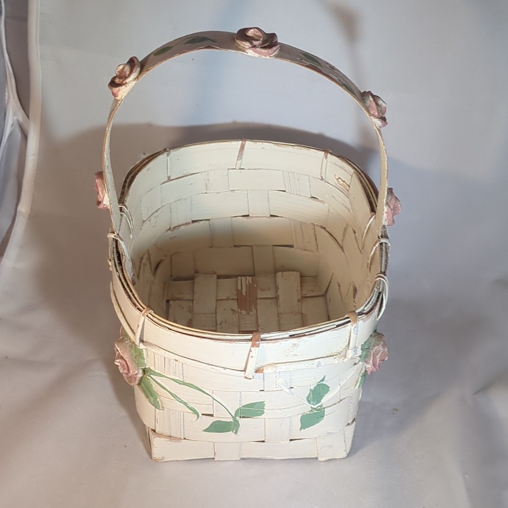 Ivory Rectangular Decorative / Easter Basket With Pink Rose Accents and Handle