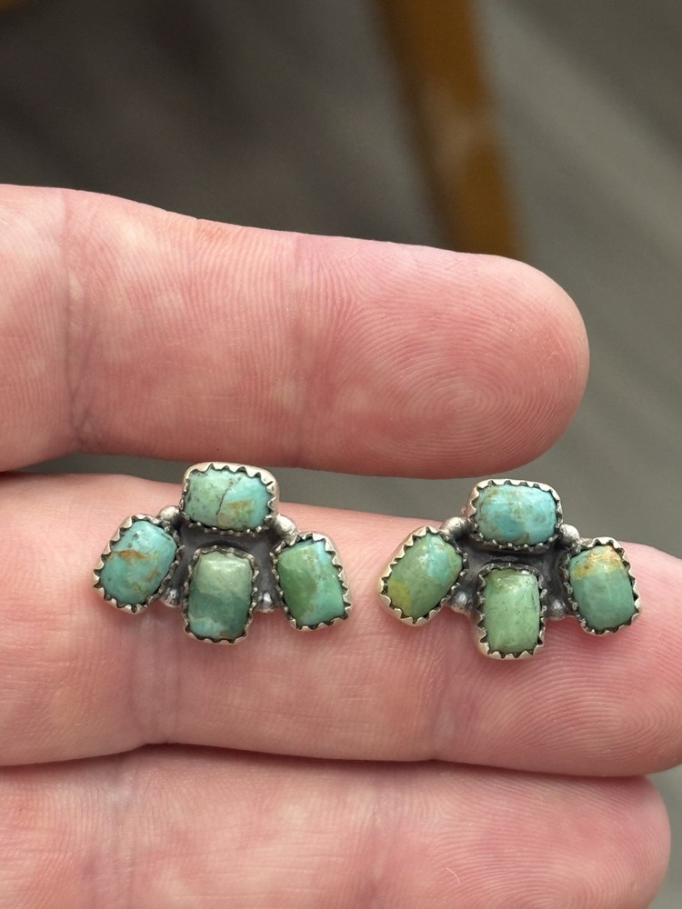STERLING SILVER TURQUOISE 4 STONE HALF CLUSTER STUD POST EARRINGS .925
