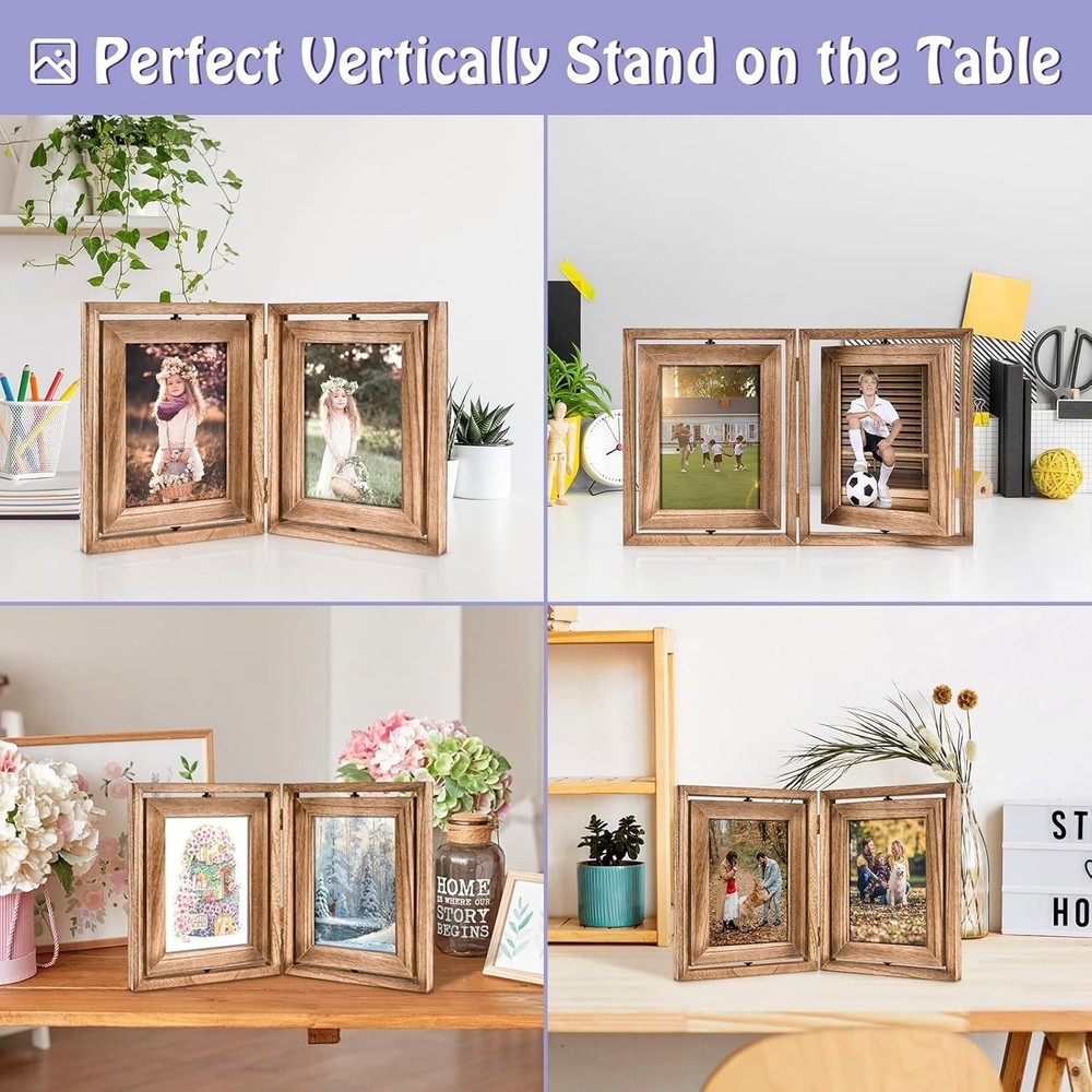 Rustic Double Picture Frame, 5x7 Hinged Collage with Distressed Wood Finish