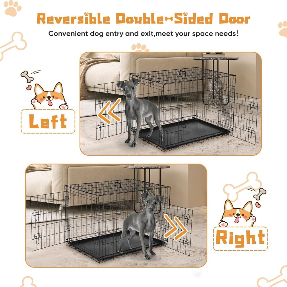 Dog Crate Double Door Dog Cage with Divider Panel Plastic Leak-Proof Pan Tray
