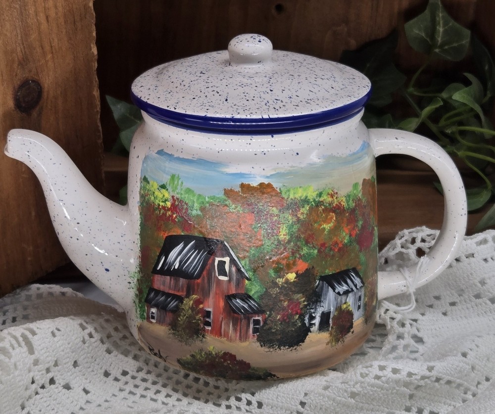 speckled tea pot w/ fall barn (26081) hand painted