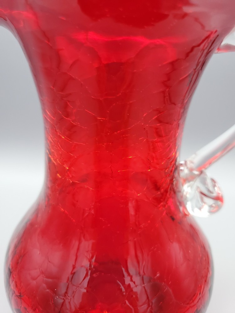 VINTAGE RED CRACKLE ART GLASS PITCHER WITH APPLIED HANDLE