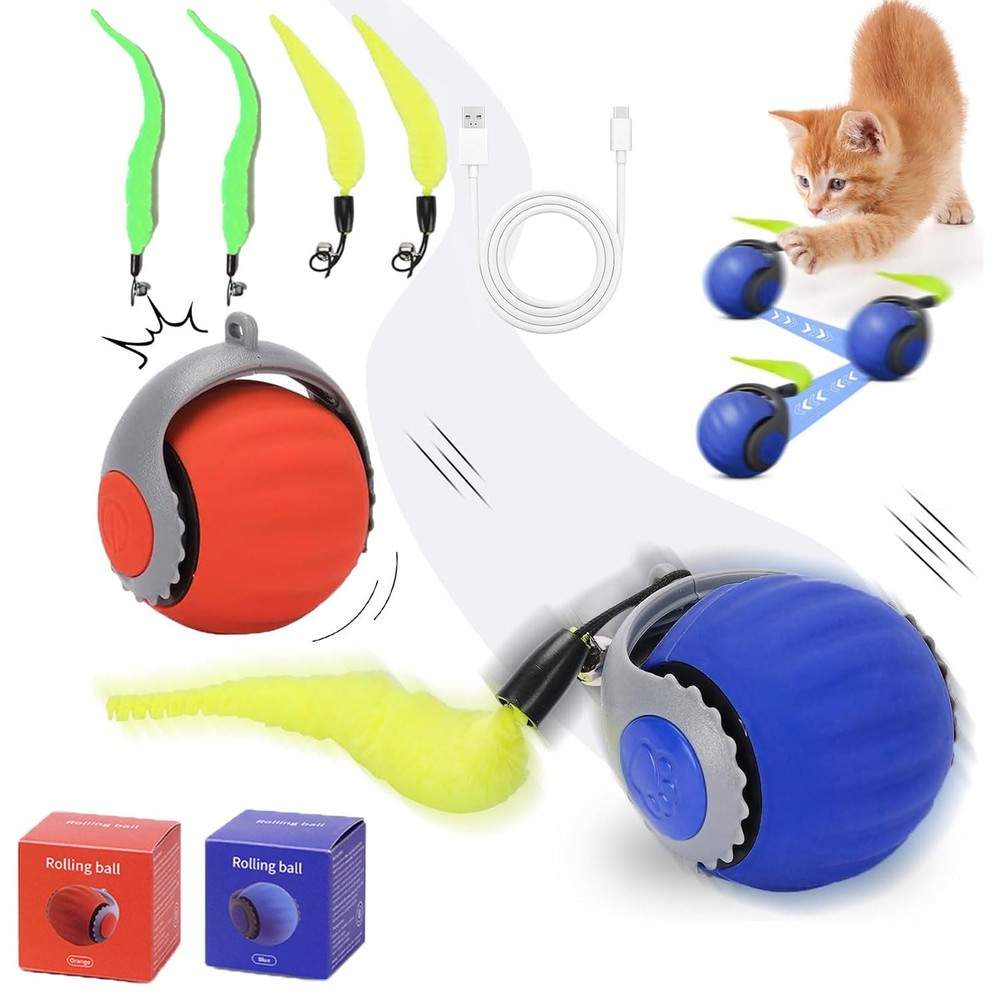 Interactive Cat Ball Toy with Moving Tail, Automatic Rolling Pet Toy - Blue&Red