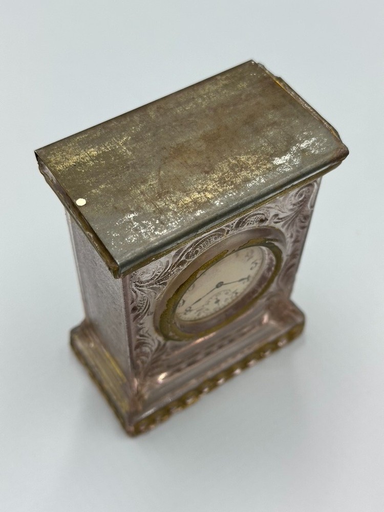 1910s MANTEL CLOCK Glass CANDY CONTAINER Antique A&E 164