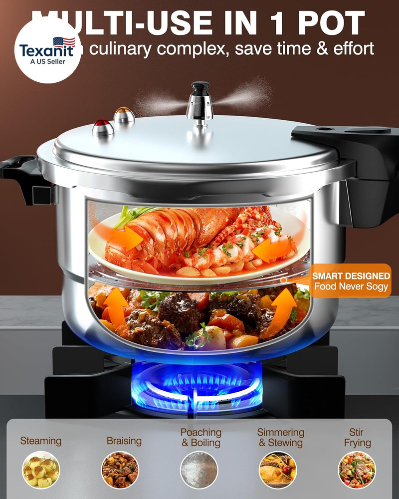 8Qt Aluminum Pressure Cooker W/Release Valve & Multiple Protective Devices,Press